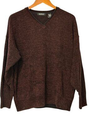 Segreto Mens V-Neck Sweater Burgundy Black Chenille Acrylic Wool Italy Size XL